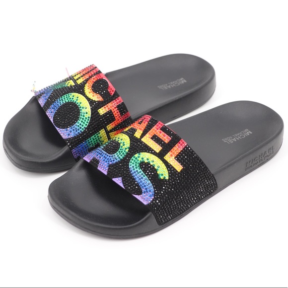 Michael Kors 6 Gilmore Embellished Slide Sandals Black Multi - Picture 3 of 16